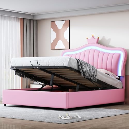 Pangshiyuan Polsterbett 140x200 cm mit Hydraulischem Stauraum, Mädchenbett mit Rosa Krone, PU-Leder, LED-Leuchten, Lattenrost und Rückenlehne, Weiß von Pangshiyuan