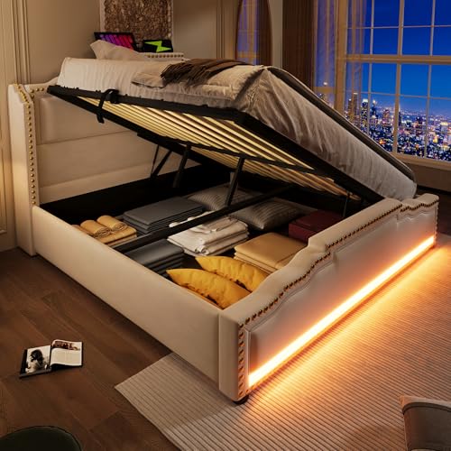Pangshiyuan Polsterbett 140x200 cm mit hydraulischem Stauraum, LED-Beleuchtung, USB-C-Ladeanschluss, Samtbezug, Stauraumbett, Beige, Mit Matratze und Lattenrost Pangshiyuan Polsterbett 140x200 cm mit hydraulischem Stauraum, LED-Beleuchtung, USB-C-Ladeanschluss, Samtbezug, Stauraumbett, Beige, Mit Matratze und Lattenrost von Pangshiyuan