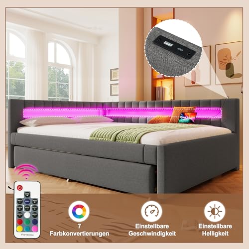 Pangshiyuan Polsterbett 140x200cm mit LED-Fernbedienungslichtleiste, Ausziehbett ohne Matratze, USB + Type-C, Leinen, Grau Pangshiyuan Polsterbett 140x200cm mit LED-Fernbedienungslichtleiste, Ausziehbett ohne Matratze, USB + Type-C, Leinen, Grau von Pangshiyuan