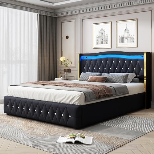 Pangshiyuan Polsterbett 160x200 cm mit LED-Beleuchtung, Hydraulischem Stauraum, Breite Beine mit Streifen, Rautenakzent Kopfteil, Samtstoff, Schwarz von Pangshiyuan