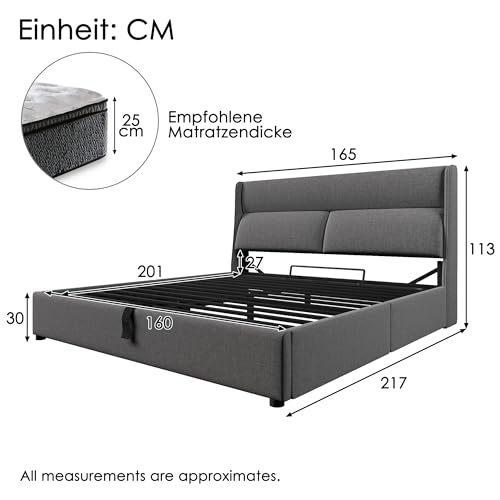 Pangshiyuan Polsterbett 160x200 cm mit Verstellbarer Kopfstütze, Hydraulisches Bettgestell mit Stauraum, Leinenmaterial, 720 Federn Matratze, Für Schlafzimmer und Wohnzimmer – Grau Pangshiyuan Polsterbett 160x200 cm mit Verstellbarer Kopfstütze, Hydraulisches Bettgestell mit Stauraum, Leinenmaterial, 720 Federn Matratze, Für Schlafzimmer und Wohnzimmer – Grau von Pangshiyuan