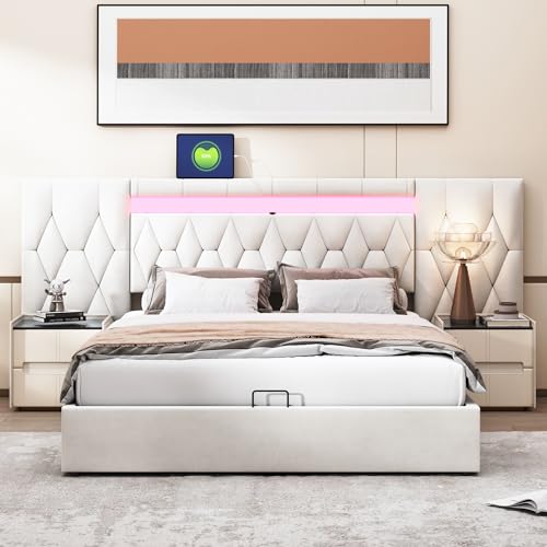 Pangshiyuan Polsterbett 160x200 cm mit großer Rückenlehne, Samtbett mit LED und USB-Steckdose, hydraulisches Stauraumsystem, Bett Classic Beige Pangshiyuan Polsterbett 160x200 cm mit großer Rückenlehne, Samtbett mit LED und USB-Steckdose, hydraulisches Stauraumsystem, Bett Classic Beige von Pangshiyuan
