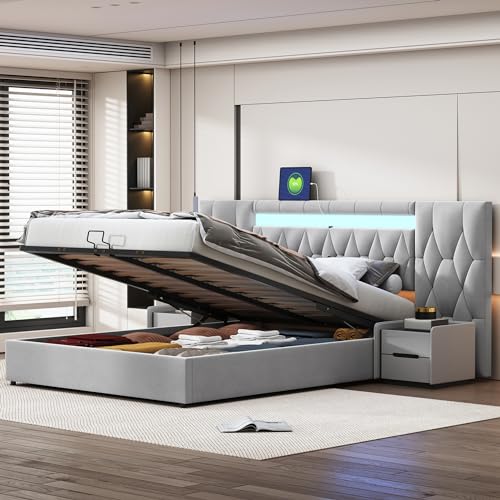 Pangshiyuan Polsterbett 160x200 cm mit großer Rückenlehne, Samtbett mit LED und USB-Steckdose, hydraulisches Stauraumsystem, Bett Classic Grau Pangshiyuan Polsterbett 160x200 cm mit großer Rückenlehne, Samtbett mit LED und USB-Steckdose, hydraulisches Stauraumsystem, Bett Classic Grau von Pangshiyuan