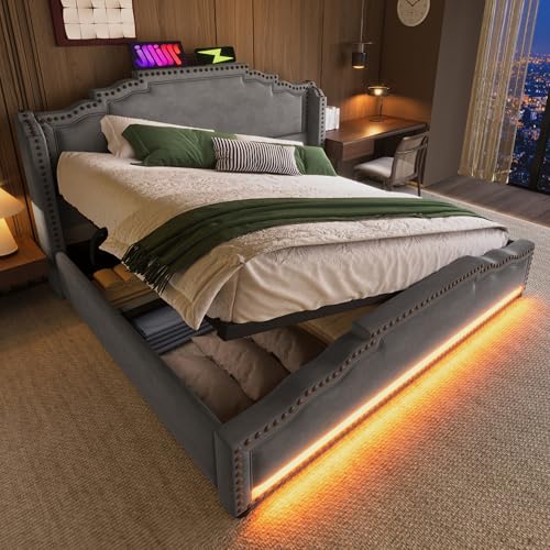 Pangshiyuan Polsterbett 160x200 cm mit hydraulischem Stauraum, LED-Beleuchtung, USB-C-Ladeanschluss, Samtbezug, Jugendbett mit Lattenrost, Grau, Mit Matratze Pangshiyuan Polsterbett 160x200 cm mit hydraulischem Stauraum, LED-Beleuchtung, USB-C-Ladeanschluss, Samtbezug, Jugendbett mit Lattenrost, Grau, Mit Matratze von Pangshiyuan