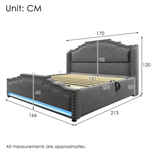 Pangshiyuan Polsterbett 160x200 cm mit hydraulischem Stauraum, LED-Beleuchtung, USB-C-Ladeanschluss, Samtbezug, Stauraumbett, Grau, Ohne Matratze von Pangshiyuan