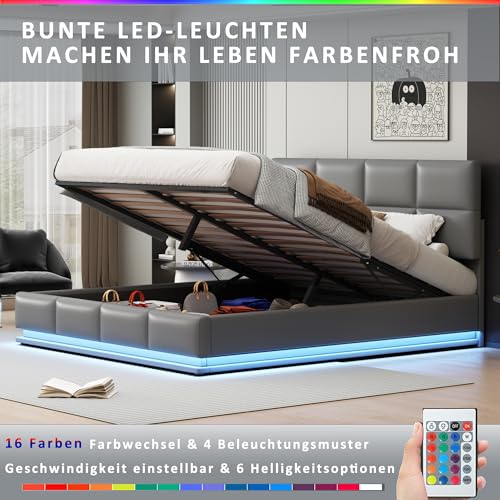 Pangshiyuan Polsterbett 180x200 cm mit LED Beleuchtung, Hydraulisch anhebbarer Bettstauraum, Bettkasten & Lattenrost, Kunstleder Bezug, Doppelbett, Erwachsenen & Jugendbett, Hellgrau Pangshiyuan Polsterbett 180x200 cm mit LED Beleuchtung, Hydraulisch anhebbarer Bettstauraum, Bettkasten & Lattenrost, Kunstleder Bezug, Doppelbett, Erwachsenen & Jugendbett, Hellgrau von Pangshiyuan