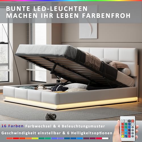 Pangshiyuan Polsterbett 180x200 cm mit LED Beleuchtung & Hydraulisch anhebbarer Bettstauraum, Bettkasten & Lattenrost, Bezug aus Kunstleder, Doppelbett, Erwachsenenbett, Jugendbett, Weiß Pangshiyuan Polsterbett 180x200 cm mit LED Beleuchtung & Hydraulisch anhebbarer Bettstauraum, Bettkasten & Lattenrost, Bezug aus Kunstleder, Doppelbett, Erwachsenenbett, Jugendbett, Weiß von Pangshiyuan