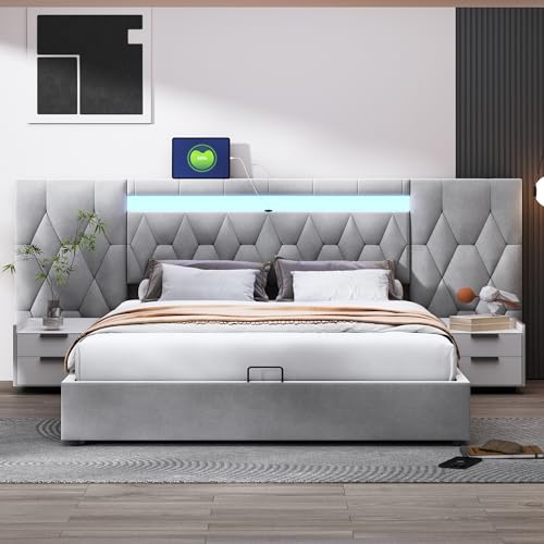 Pangshiyuan Polsterbett 180x200 cm mit Lattenrost, hydraulisches Stauraumsystem, LED-Licht und USB-Steckdose, Samtbett mit großer Rückenlehne, Grau Pangshiyuan Polsterbett 180x200 cm mit Lattenrost, hydraulisches Stauraumsystem, LED-Licht und USB-Steckdose, Samtbett mit großer Rückenlehne, Grau von Pangshiyuan