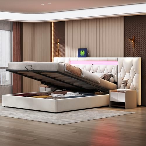 Pangshiyuan Polsterbett 180x200 cm mit großer Rückenlehne, Samtbett mit LED und USB-Steckdose, hydraulisches Stauraumsystem, Bett Classic Beige Pangshiyuan Polsterbett 180x200 cm mit großer Rückenlehne, Samtbett mit LED und USB-Steckdose, hydraulisches Stauraumsystem, Bett Classic Beige von Pangshiyuan