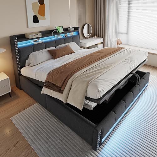 Pangshiyuan Polsterbett 180x200 mit LED-Beleuchtung und USB-Steckdose, Kopfteil mit Einlegeböden und Stauraum, Hydraulisches Speichersystem, Doppelt Bett, Leinenstoff Grau, Mit Stauraum von Pangshiyuan