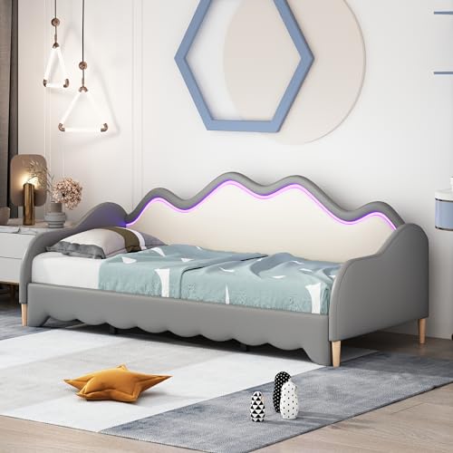 Pangshiyuan Polsterbett 90x190 cm mit 2-in-1 Multifunktions-Schlafsofa, Kunstleder, LED-Beleuchtung, Lattenrost, Grau, für Kinderzimmer, Gästezimmer Pangshiyuan Polsterbett 90x190 cm mit 2-in-1 Multifunktions-Schlafsofa, Kunstleder, LED-Beleuchtung, Lattenrost, Grau, für Kinderzimmer, Gästezimmer von Pangshiyuan