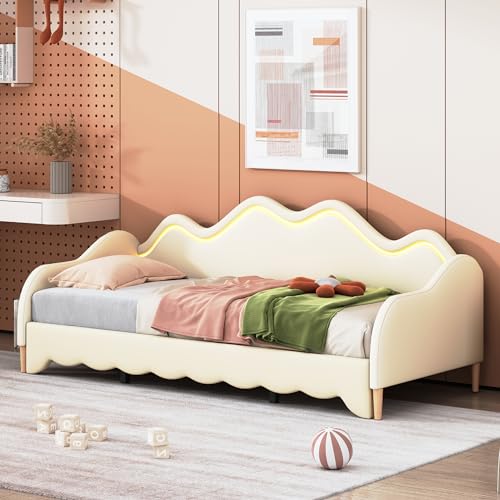 Pangshiyuan Polsterbett 90x190 cm mit LED-Beleuchtung, 2-in-1 Multifunktions-Schlafsofa aus Kunstleder, Kinderbett mit Lattenrost, Beige Pangshiyuan Polsterbett 90x190 cm mit LED-Beleuchtung, 2-in-1 Multifunktions-Schlafsofa aus Kunstleder, Kinderbett mit Lattenrost, Beige von Pangshiyuan