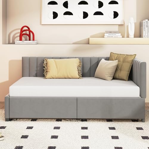 Pangshiyuan Polsterbett 90x200 cm, Schlafsofa mit 2 Stauraumschubladen, Multifunktionsbett mit Lattenrost, Hautfreundlicher Samtstoff Grau, Doppelbett für Schlafzimmer Pangshiyuan Polsterbett 90x200 cm, Schlafsofa mit 2 Stauraumschubladen, Multifunktionsbett mit Lattenrost, Hautfreundlicher Samtstoff Grau, Doppelbett für Schlafzimmer von Pangshiyuan
