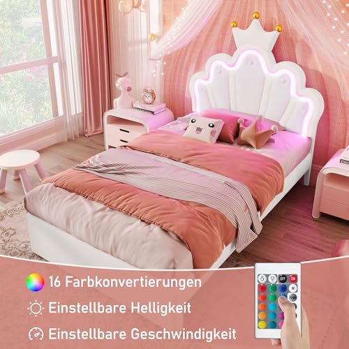 Pangshiyuan Polsterbett 90x200 cm mit Leuchtleiste, Einhornform, 2 Schubladen, verstellbares Kopfteil, PU, Weiß, Ohne Matratze von Pangshiyuan