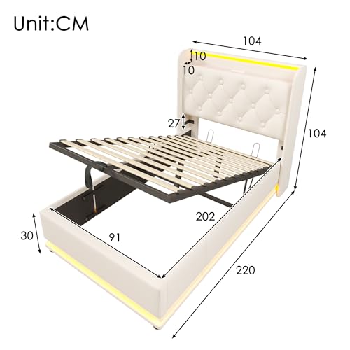 Pangshiyuan Polsterbett 90x200cm mit LED-Beleuchtung, USB Typ-C Ladefunktion, Hydraulisches Lagerbett, Weißes PU-Material, Mit Matratze, Inkl. Lattenrost, Modernes Design Pangshiyuan Polsterbett 90x200cm mit LED-Beleuchtung, USB Typ-C Ladefunktion, Hydraulisches Lagerbett, Weißes PU-Material, Mit Matratze, Inkl. Lattenrost, Modernes Design von Pangshiyuan