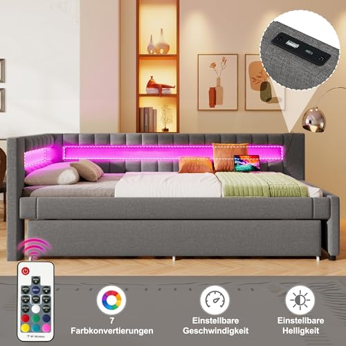Pangshiyuan Polsterbett 90x200cm mit LED-Fernbedienungslichtleiste, Ausziehbett ohne Matratze, USB + Type-C, Leinen, Grau Pangshiyuan Polsterbett 90x200cm mit LED-Fernbedienungslichtleiste, Ausziehbett ohne Matratze, USB + Type-C, Leinen, Grau von Pangshiyuan