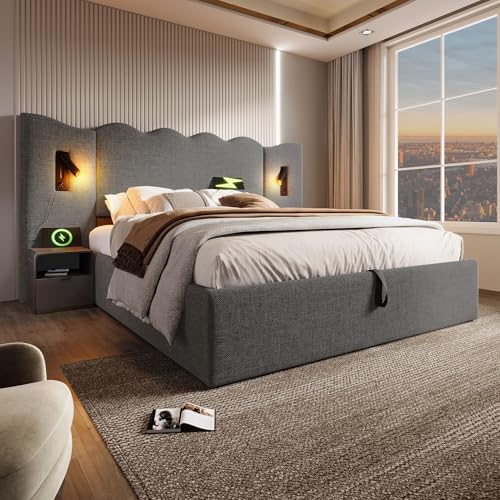 Pangshiyuan Polsterbett Doppelbett 160x200 cm mit Leselampe und USB Type-C Ladefunktion, Stauraumbett mit Lattenrost aus Massivholz und Metall, Grau, Leinen, Mit Matratze Pangshiyuan Polsterbett Doppelbett 160x200 cm mit Leselampe und USB Type-C Ladefunktion, Stauraumbett mit Lattenrost aus Massivholz und Metall, Grau, Leinen, Mit Matratze von Pangshiyuan
