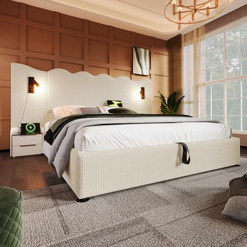 Pangshiyuan Polsterbett Doppelbett 180×200 mit Leselampe, USB Type-C Ladefunktion, Stauraumbett Bettgestell aus Massivholz und Metall, Beige-Weiß, Cordstoff, Ohne Matratze Pangshiyuan Polsterbett Doppelbett 180×200 mit Leselampe, USB Type-C Ladefunktion, Stauraumbett Bettgestell aus Massivholz und Metall, Beige-Weiß, Cordstoff, Ohne Matratze von Pangshiyuan
