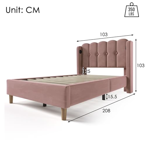 Pangshiyuan Polsterbett Einzelbett mit USB Typ C Ladefunktion, Bettgestell mit Lattenrost, Gepolstertes Bett in Rosa, 90x200 cm Bettrahmen für Schlafzimmer und Gästezimmer (Mit Matratze) von Pangshiyuan