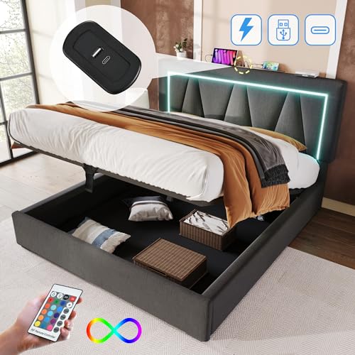 Pangshiyuan Polsterbett LED Doppelbett 140 x 200 cm mit Lattenrost, verstellbarem Kopfteil, USB Typ C Ladefunktion und LED-Beleuchtung, Stauraumbett aus Leinenmaterial Pangshiyuan Polsterbett LED Doppelbett 140 x 200 cm mit Lattenrost, verstellbarem Kopfteil, USB Typ C Ladefunktion und LED-Beleuchtung, Stauraumbett aus Leinenmaterial von Pangshiyuan