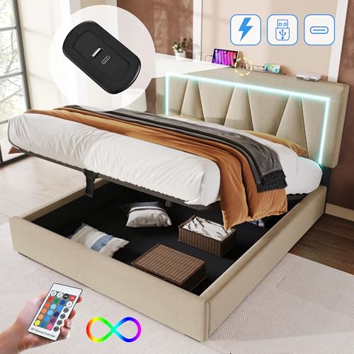 Pangshiyuan Polsterbett LED Doppelbett mit USB Typ C Ladefunktion, LED-Beleuchtung und Stauraum, Bettgestell aus Leinenmaterial, 160 x 200 cm, inkl. Lattenrost und Matratze Pangshiyuan Polsterbett LED Doppelbett mit USB Typ C Ladefunktion, LED-Beleuchtung und Stauraum, Bettgestell aus Leinenmaterial, 160 x 200 cm, inkl. Lattenrost und Matratze von Pangshiyuan