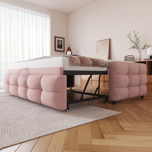 Pangshiyuan Polsterbett Schlafsofa 90/180x190 cm mit Teddy-Samtstoff, Multifunktionsbett mit USB-Ladeanschluss und Lattenrost, Rosa, Ausziehbar von Pangshiyuan