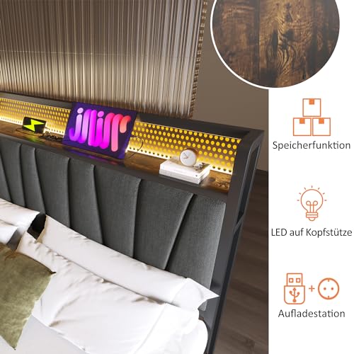 Pangshiyuan Polsterbett mit USB Typ C Ladefunktion, LED App-Control, Stauraum Kopfteil, verstellbares Kopfteil, Doppelbett 160x200 cm, Lattenrost aus Holz, Grau (Ohne Matratze) von Pangshiyuan