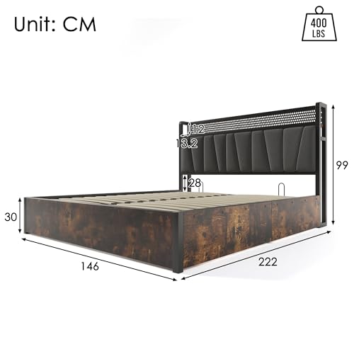 Pangshiyuan Polsterbett mit USB Typ C Ladefunktion, Stauraum Kopfteil, LED App-Control, verstellbares Kopfteil, Doppelbett 140x200 cm, Lattenrost aus Holz, Grau (Ohne Matratze) von Pangshiyuan