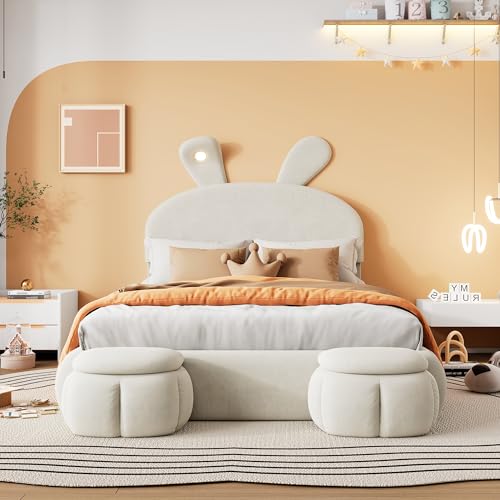 Pangshiyuan Polsterbett mit hydraulischem Hebesystem, Hasenohren Design, Verstellbare Helligkeit LED-Licht, Stauraum unter dem Bett, 2 Aufbewahrungshocker, Samt, Beige, 140x200cm von Pangshiyuan