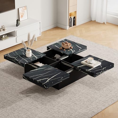 Pangshiyuan Quadratischer Couchtisch mit Marmor-Optik, Hochglanz-Oberfläche, Schiebbare Tischplatte, 4 Schubladen, 90x90x25cm, Schwarz, für Wohnzimmer von Pangshiyuan