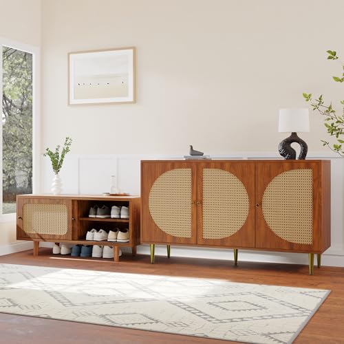 Pangshiyuan Rattan Sideboard Set 2-teilig – Kommode mit 3 Türen & Schuhschrank mit Schiebetüren, Aufbewahrungsschrank aus Spanplatte in Walnussoptik für Wohnzimmer Flur Schlafzimmer von Pangshiyuan