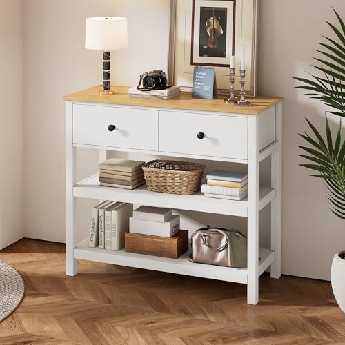 Pangshiyuan Retro Konsolentisch mit MDF, Schmaler Konsolentisch mit Schubladen, Offene Regale, Flurmöbel Wohnzimmer Eingang, Weiß Natur, 85.0x35.0x77.0cm Pangshiyuan Retro Konsolentisch mit MDF, Schmaler Konsolentisch mit Schubladen, Offene Regale, Flurmöbel Wohnzimmer Eingang, Weiß Natur, 85.0x35.0x77.0cm von Pangshiyuan