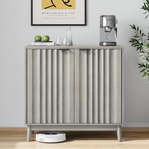 Pangshiyuan Rillenkantenschrank with Solid Wood Legs, Independent Buffet Cabinet with Adjustable Shelves, Freestanding Storage Cabinet for Living Room, Hallway, and Entrance, Gray, 80x39.8x85.8 cm von Pangshiyuan