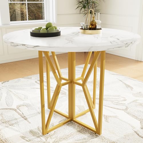 Pangshiyuan Runder Esstisch mit Marmor MDF Tischplatte und goldenen Metallbeinen, 4-6 Personen, Leichter Tisch für Esszimmer und Wohnzimmer, 80x80x76cm von Pangshiyuan