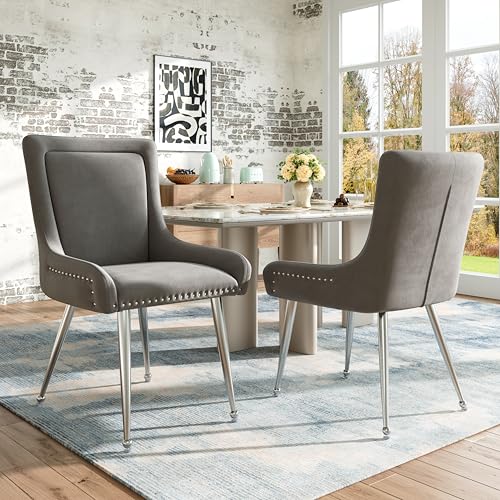 Pangshiyuan Samt Esszimmerstühle (2 Stück) mit galvanisierten Silber Eisenbeinen, ergonomisches Design, verstellbare Füße, 44x52x87cm, Grau von Pangshiyuan