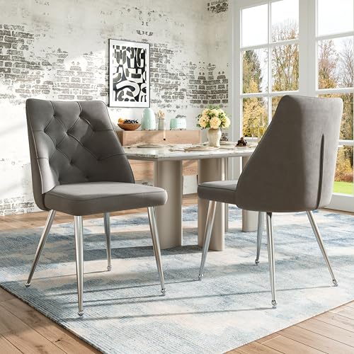Pangshiyuan Samt Esszimmerstühle (2 Stück) mit galvanisierten Silber-Eisenbeinen, ergonomisches Design, verstellbare Füße, 50x60x87cm, Grau von Pangshiyuan