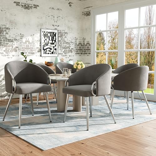Pangshiyuan Samt Esszimmerstühle (6 Stück) mit galvanisierten Silber-Eisenbeinen, ergonomisches Design, verstellbare Füße, 50x60x87cm, Grau von Pangshiyuan
