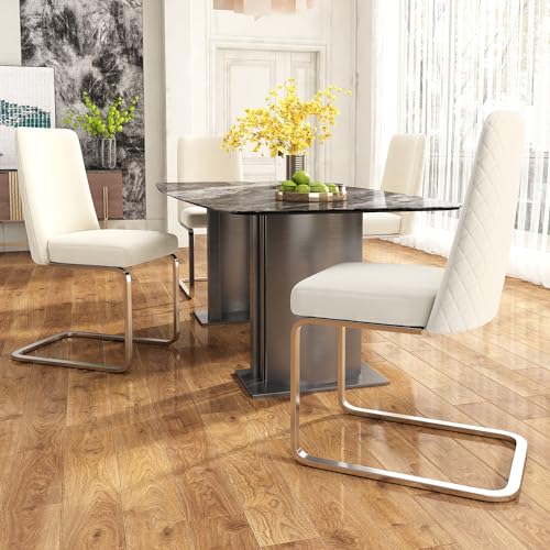 Pangshiyuan Samt-Esszimmerstuhl, 4er-Set, Modernes Design, Diamant-Rücken, Silberne Metallbeine, Lounge-Stuhl, Komfortabel, Beige von Pangshiyuan