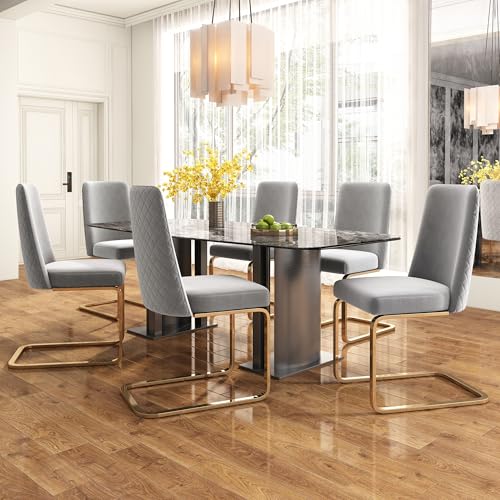 Pangshiyuan Samt-Esszimmerstuhl, 6er-Set, Modernes Design mit Diamant-Rücken, Lounge-Stuhl, Goldene Metallbeine, Komfortabel, Grau Pangshiyuan Samt-Esszimmerstuhl, 6er-Set, Modernes Design mit Diamant-Rücken, Lounge-Stuhl, Goldene Metallbeine, Komfortabel, Grau von Pangshiyuan