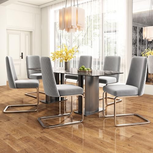 Pangshiyuan Samt-Esszimmerstuhl, 6er-Set, Modernes Design mit Diamant-Rücken, Lounge-Stuhl, Silberne Metallbeine, Komfortabel, Grau Pangshiyuan Samt-Esszimmerstuhl, 6er-Set, Modernes Design mit Diamant-Rücken, Lounge-Stuhl, Silberne Metallbeine, Komfortabel, Grau von Pangshiyuan
