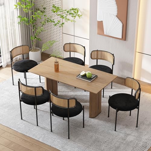 Pangshiyuan Samt-Esszimmerstuhl Set von 6, mit Rattan Rückenlehne, Metallbeine, modern und ergonomisch, für Esszimmer und Wohnzimmer, schwarz, 6er Set von Pangshiyuan