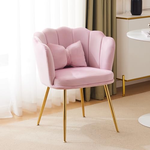 Pangshiyuan Samtstuhl gepolstert mit Blütenblatt-Rückenlehne, vergoldeten Metallbeinen und Kissen, eleganter Akzentstuhl für Wohnzimmer, Schlafzimmer, Lounge oder Schminktisch – Rosa von Pangshiyuan