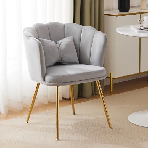 Pangshiyuan Samtstuhl gepolstert mit Blütenblatt-Rückenlehne, vergoldeten Metallbeinen und Kissen, moderner Akzentstuhl für Wohnzimmer, Schlafzimmer, Schminktisch oder Lounge – Grau von Pangshiyuan