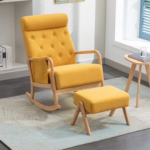 Pangshiyuan Schaukelstuhl Set mit Hocker aus Leinenstoff, ergonomische Rückenlehne und Armlehnen, Relaxstuhl Wohnzimmerstuhl Stillstuhl für Schlafzimmer Balkon Büro, gelb, 65x85x94cm von Pangshiyuan
