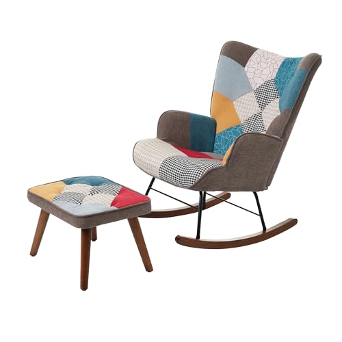 Pangshiyuan Schaukelstuhl mit Fußhocker, Patchwork Relaxstuhl 69,5x50x88,5 cm, Wohnzimmerstuhl mit Armlehnen und Holzfüßen, ergonomischer Freizeitstuhl im Retro-Stil, bunt Pangshiyuan Schaukelstuhl mit Fußhocker, Patchwork Relaxstuhl 69,5x50x88,5 cm, Wohnzimmerstuhl mit Armlehnen und Holzfüßen, ergonomischer Freizeitstuhl im Retro-Stil, bunt von Pangshiyuan