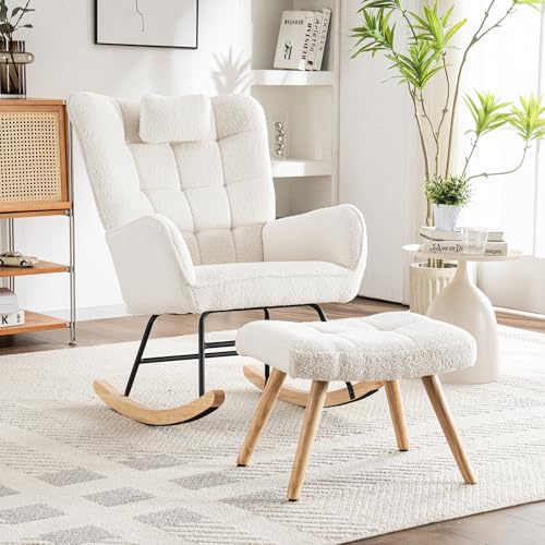 Pangshiyuan Schaukelstuhl mit Teddy-Stoff, gepolstert, ergonomisches Design, mit Fußhocker und Kopfstütze, Wohnzimmer Schlafzimmer geeignet, Weiß, 92x65x47cm Set von Pangshiyuan