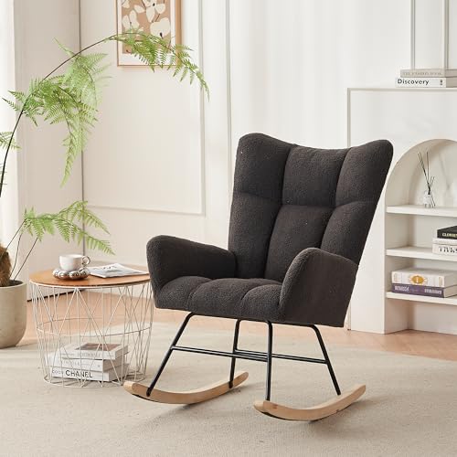 Pangshiyuan Schaukelstuhl mit Teddystoff, hoher Rückenlehne und Armlehnen, ergonomisch gepolstert, Relaxstuhl für Wohnzimmer, Schlafzimmer, Innenhof, Grau, 95x91x53.5 cm von Pangshiyuan