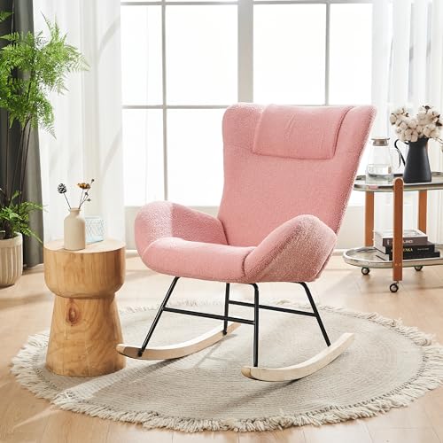 Pangshiyuan Schaukelstuhl mit Teddystoff und Massivholzfüßen, ergonomische Rückenlehne, gepolstert mit Armlehnen, für Wohnzimmer, Schlafzimmer, Rosa, 93x67.3x93 cm von Pangshiyuan