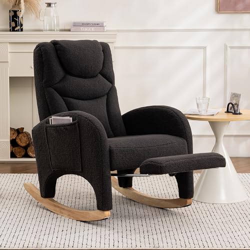 Pangshiyuan Schaukelstuhl mit klappbarer Fußstütze, gepolstert mit Teddystoff, Relaxsessel mit Armlehnen und hoher Rückenlehne, Akzentstuhl für Wohnzimmer Schlafzimmer, Dunkelgrau, 66x125x101cm von Pangshiyuan
