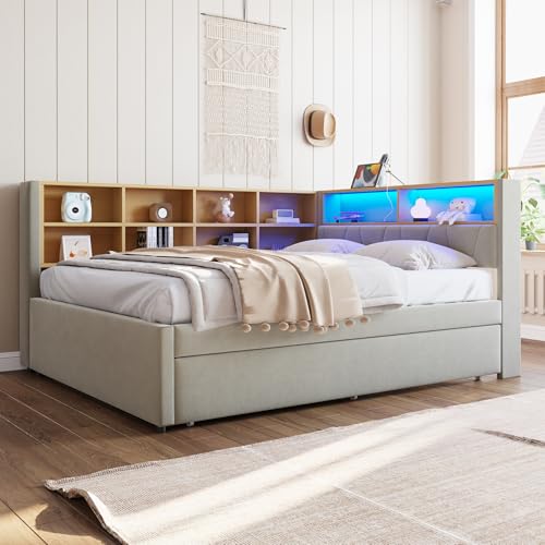 Pangshiyuan Schlafsofa 140x200 mit Ausziehbett 90x190, Multifunktionales Einzelbett mit LED-Leuchten, Ladeanschlüssen, Stauraum, Flanell, Hellgrau Pangshiyuan Schlafsofa 140x200 mit Ausziehbett 90x190, Multifunktionales Einzelbett mit LED-Leuchten, Ladeanschlüssen, Stauraum, Flanell, Hellgrau von Pangshiyuan